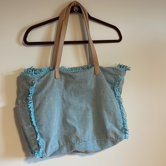 Sun N Sand Beach Bag Denim Frayed Light Blue Tan Zipper - Picture 2 of 11